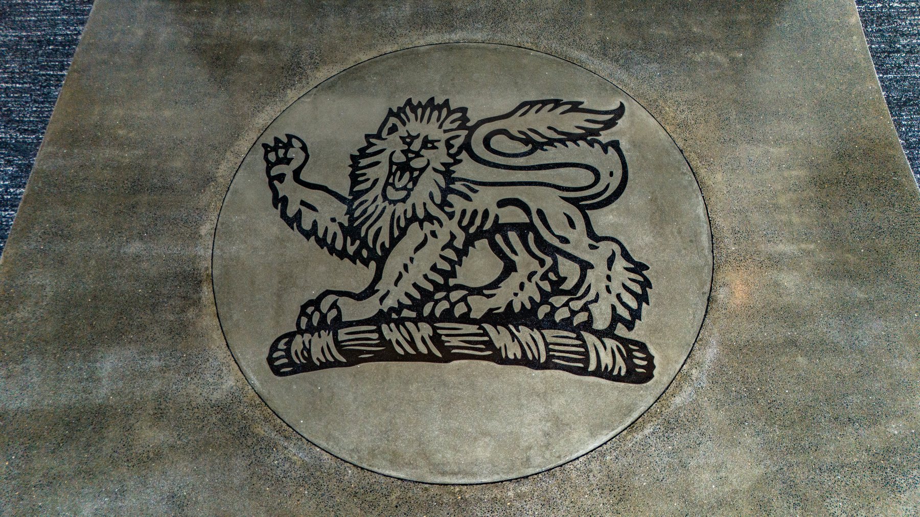 Custom Hutchins lion crest poured into a gloss epoxy floor by Hobart Epoxy Floors